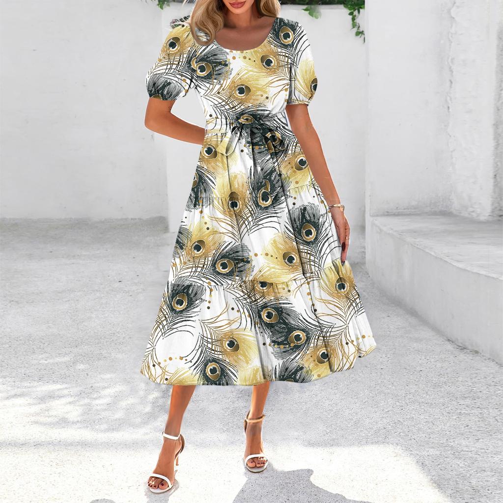 Women's Summer Short Sleeve Round Neck Waistband Bohemian Flowy Layered Maxi Dress With Pockets