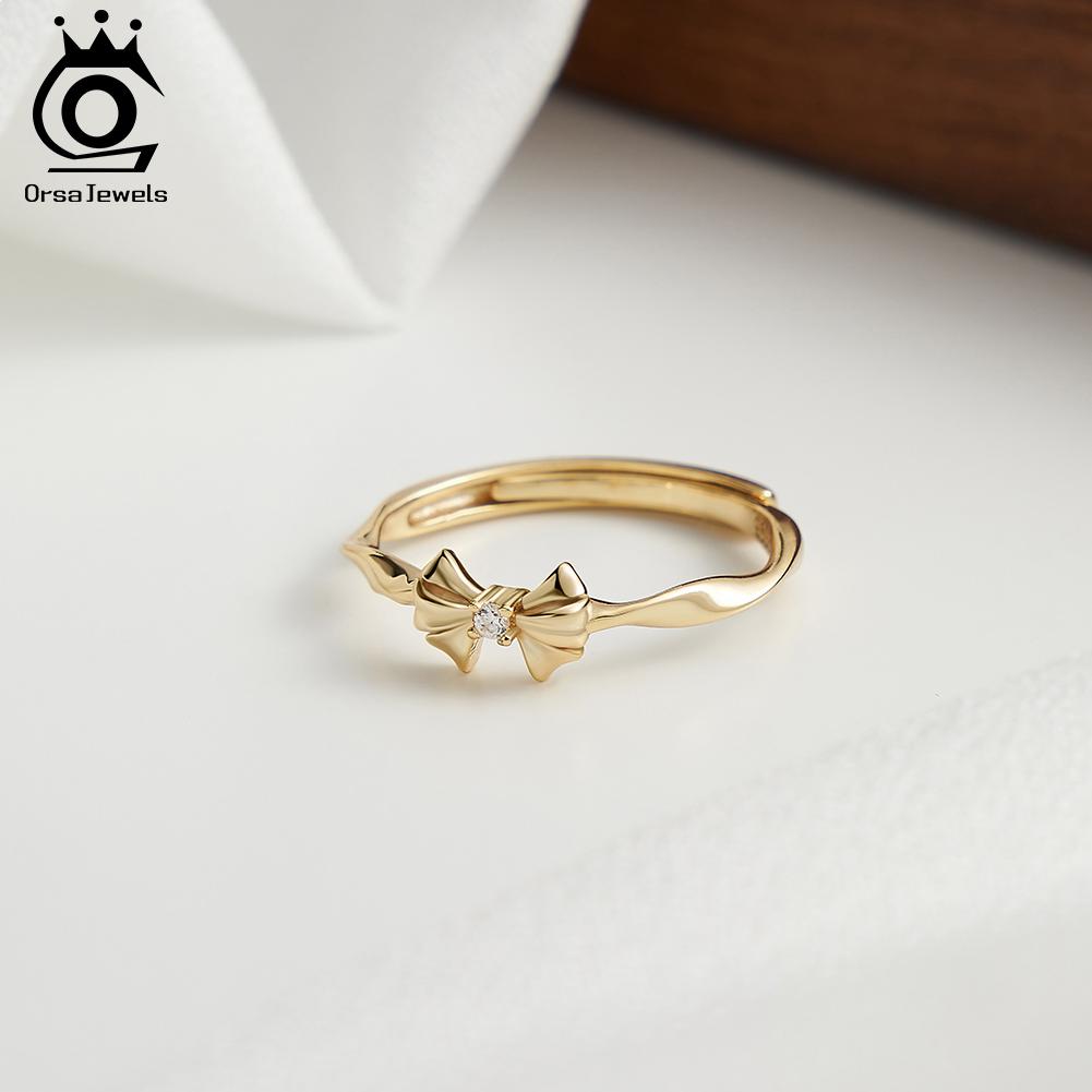 ORSA JEWELS 925 Sterling Silver Luxury Bowknot Ring Round Cubic Zircon Rings Adjustable Women Trendy Accessory Jewelry SR330