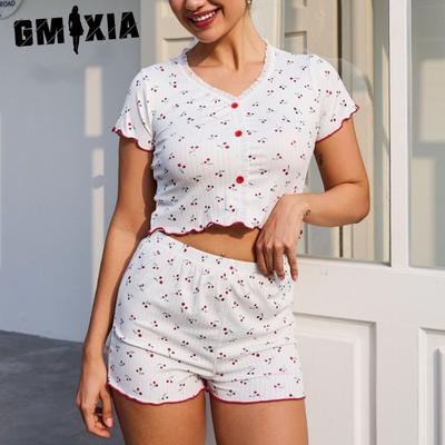 Women's Pajamas Button Lace Short Sleeve Shorts Slim Sexy Fashion Living Apparel Two Piece Set