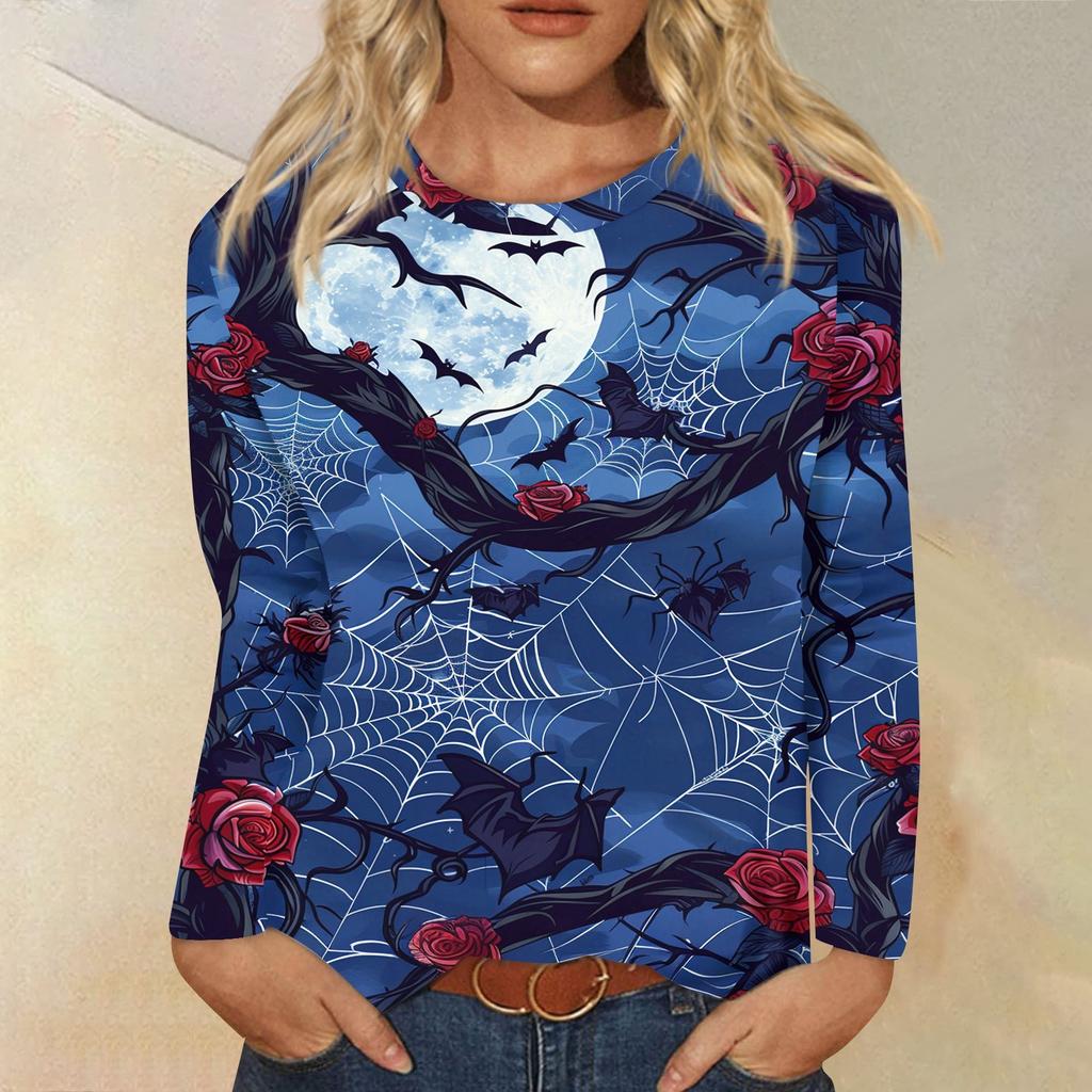 Modisches, lässiges Langarm-Oberteil mit Rundhalsausschnitt und Halloween-Print für Damen