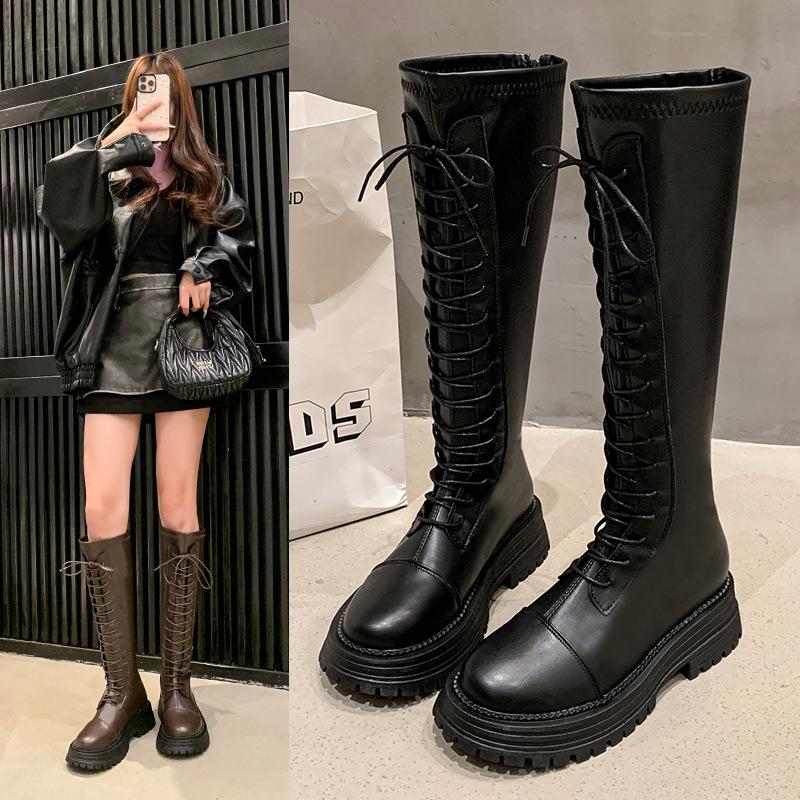New women's boots autumn and winter British thick-soled lace-up boots women's round head fashion small tall boots