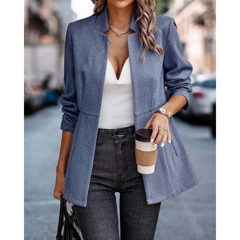 VEZFAA   Women's Fashion Casual Solid Color Print Fall Winter Long Sleeve Stand-Neck Jackets & Coats