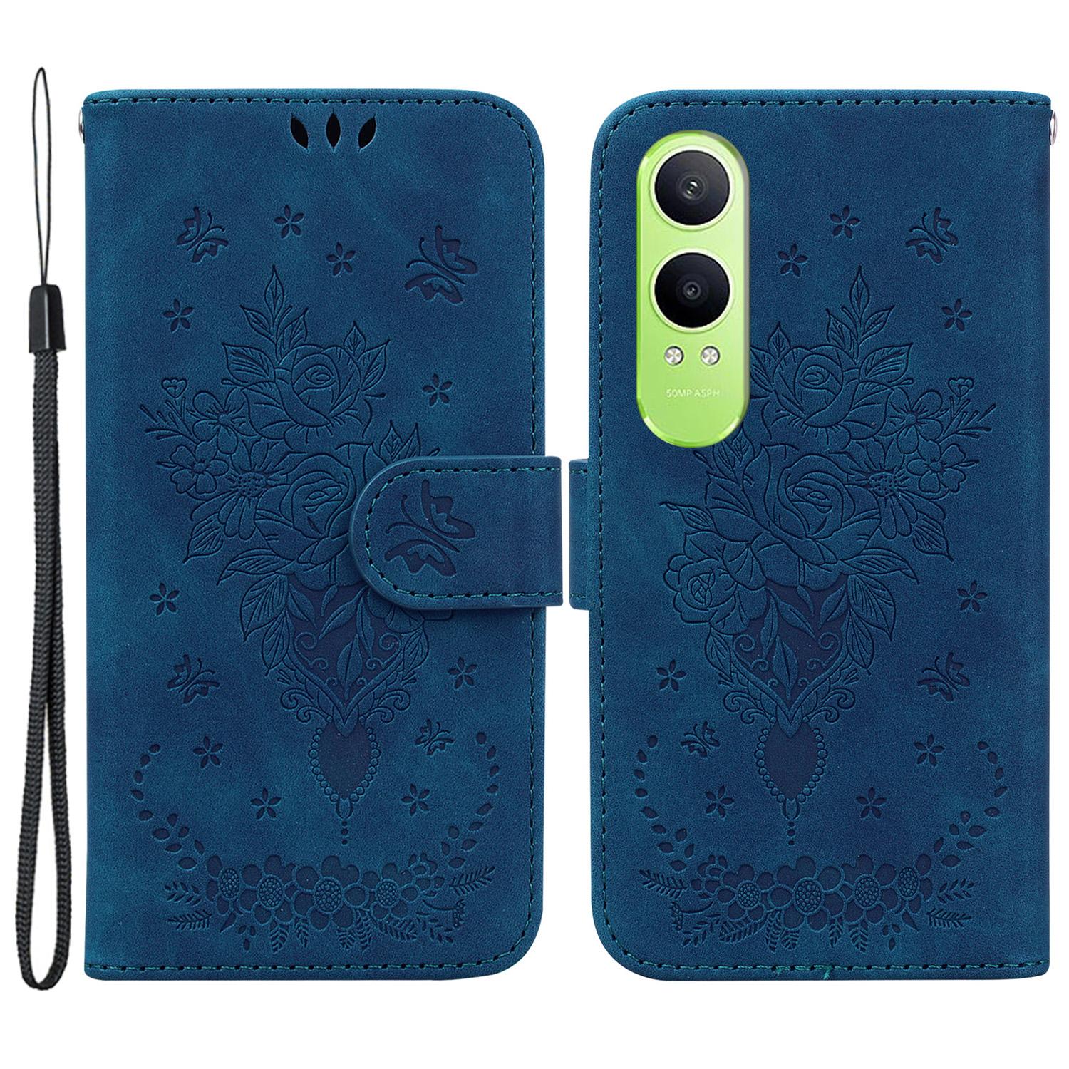 

For OnePlus Nord CE4 Lite 5G/Oppo K12x 5G (China) Wallet Case PU Leather Phone Cover Butterfly Flower Imprint Blue