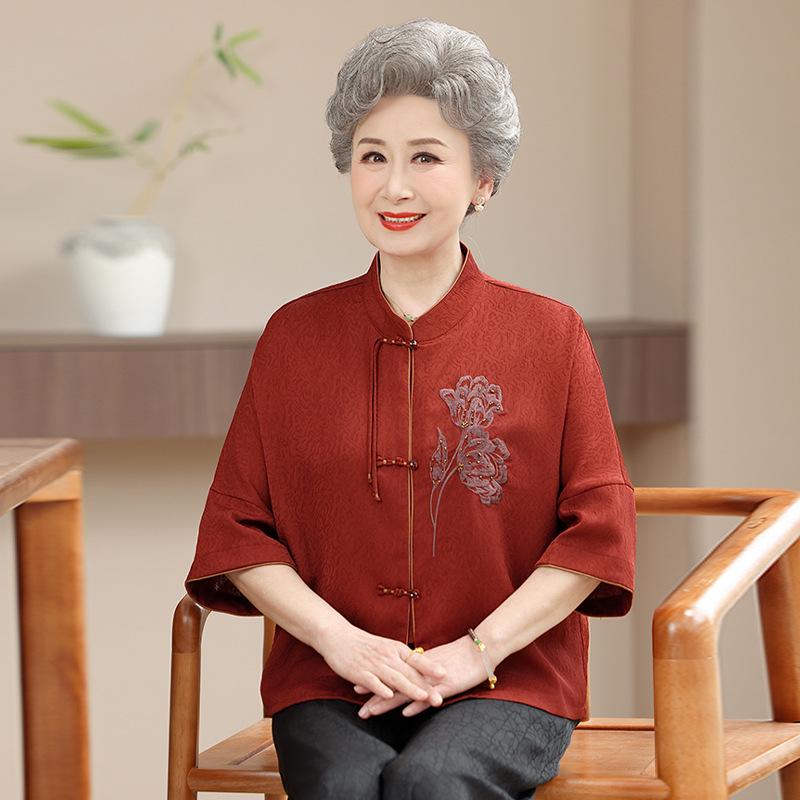

Chinese-Style Summer Shirt for Elderly Women - Grandma s Festive National Design for Spring, Birthday, or Wedding. 4XL [140-155 lbs]