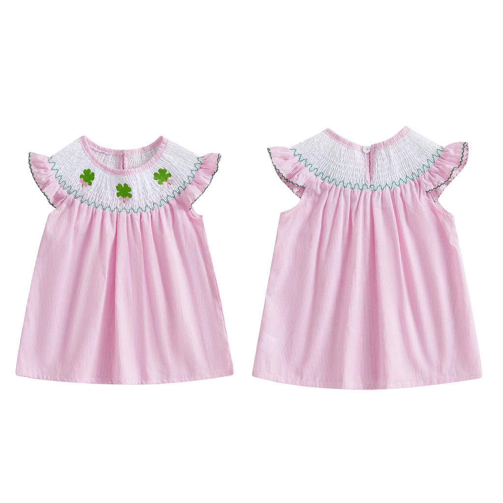 Kleinkind Mädchen Frühling Sommer Kleid Shamrock Stickerei Ärmellos Rundhals Gestreift A-Linien Kleid