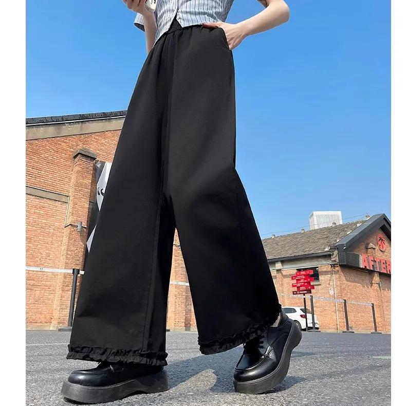 

Women s Summer Wide-Leg Solid Color Patchwork Pants with Elastic Waist Extra Large чорний