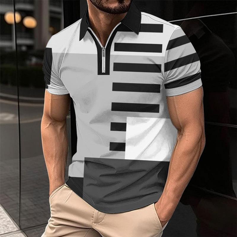 Plus Size Men's Clothing Striped Polos T-Shirts Summer Short Sleeve 3d Printed Streetwear Male Zippers POLO Tee Casual Tops