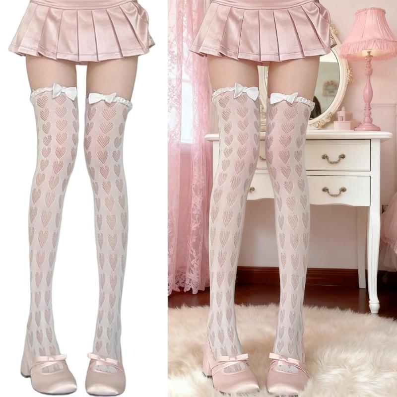 Women's Mesh Lace Long Stockings with Romantics Heart Detail And Ruffle Trim Bows Accent For Daily Wear Party Outfits