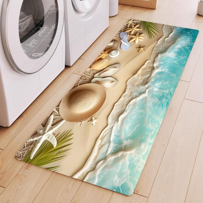 Ocean Beach Scene Runner Rug Sand Ocean Wave Starfish Shells Coral Print Carpet Soft Non-Slip Floor Mat for Hallway Entryway