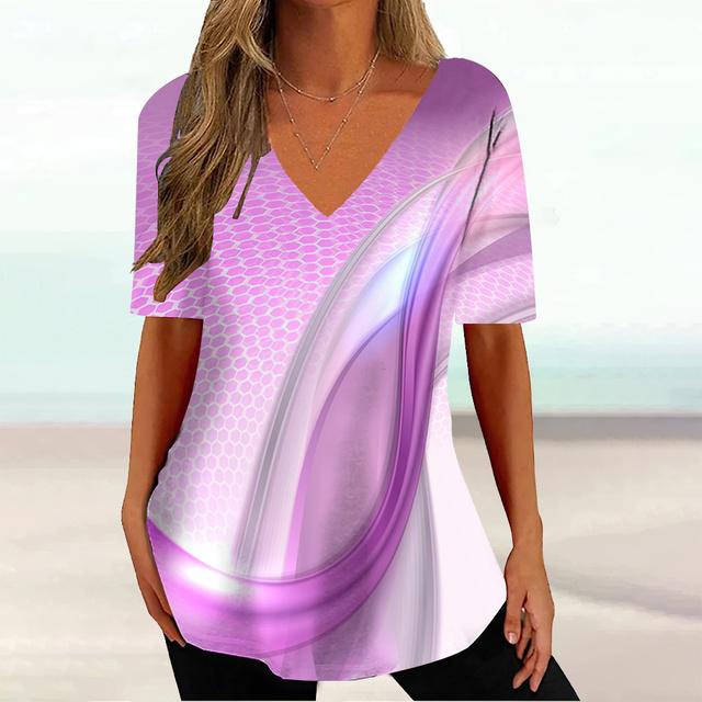 Gradient Stripes Printed V-neck Short Sleeved T-shirt Versatile Comfortable Fashionable Casual Women's T-shirt