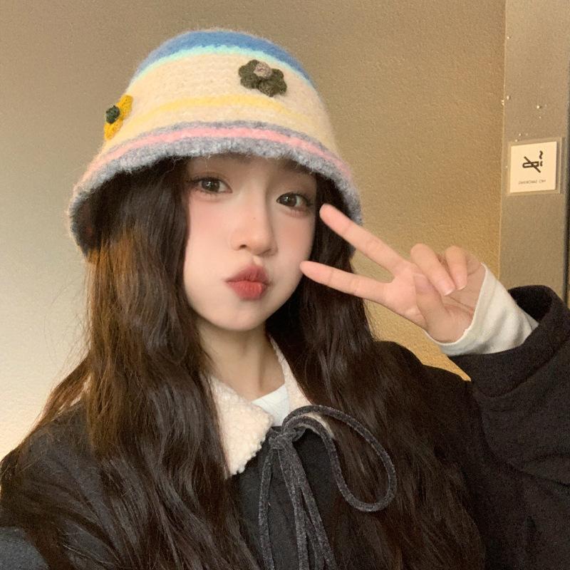 Colored Flower Knitted Bucket Hat Women's Japanese Sweet and Cute Contrasting Color Pot Hat Versatile Face Small Wool Hat Tide