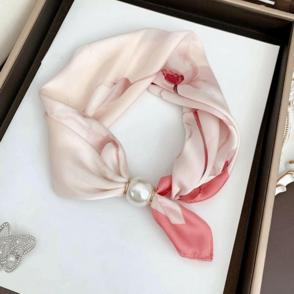 Printed Neck Scarf Pearl Buckle Neckerchief New Silk Scarf  Women