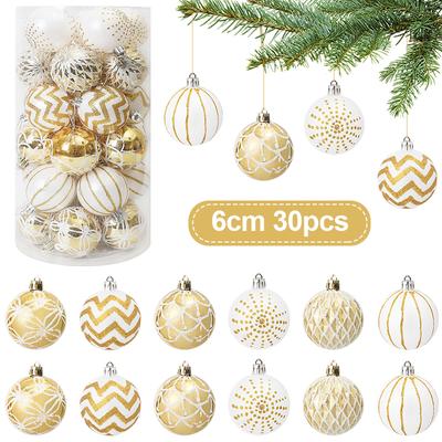30ks 6cm Zlato Biele vianočné gule Ornament Vianočný stromček Závesný prívesok Navidad Nový rok Domáca párty dekorácie Festivalové potreby