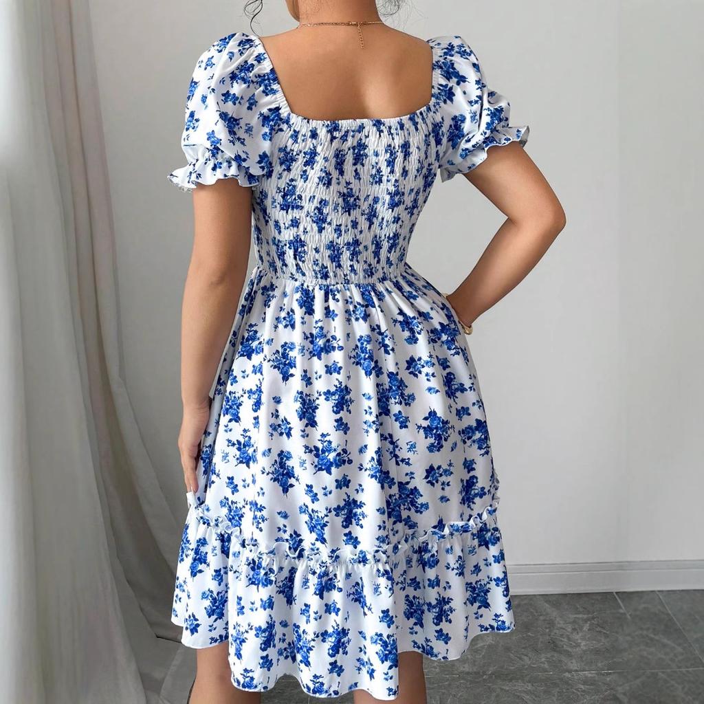 Neues Hosenträger-Tube-Top Taillenkleid Urlaub Bohemian Ballonärmel Floral Europa und Amerika