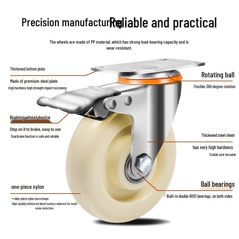 Light to Medium Duty Nylon Swivel Casters with Brake - 3", 4", 5" Sizes Available for Trolleys