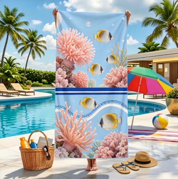 Large Microfiber Beach Towel, Ocean Starfish, Turtle & Seashell Print, Sand Free & Quick Dry, for Coastal Summer Beach Use