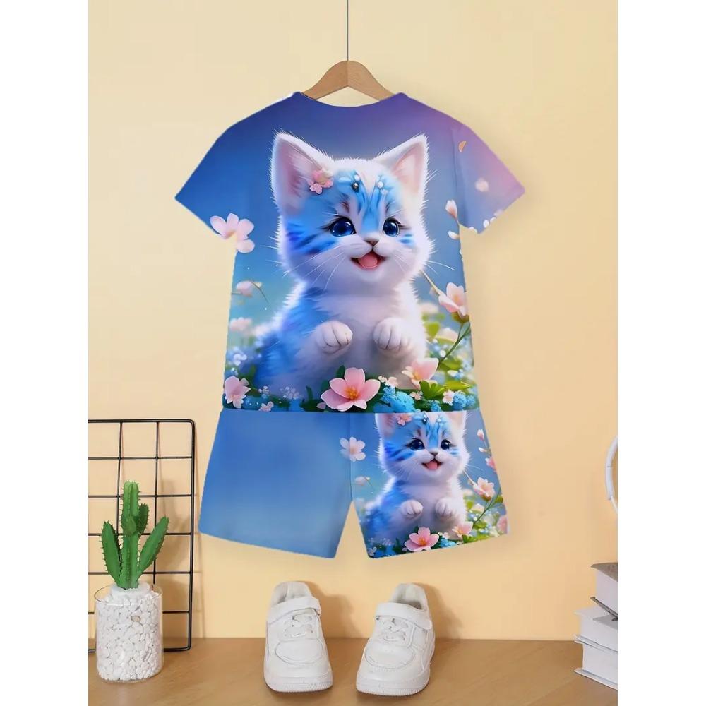 Children's Cat T-Shirt Shorts Set Summer Casual Girl Clothes Short Sleeve Kids Sets for Children Tops Outdoor Sport Girl Outfits
