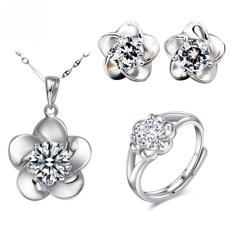 2026 Diamond Ring Femininity Blooming Plum Blossom Earrings Five-claw Petal Clavicle Chain Jewelry Set Resizable