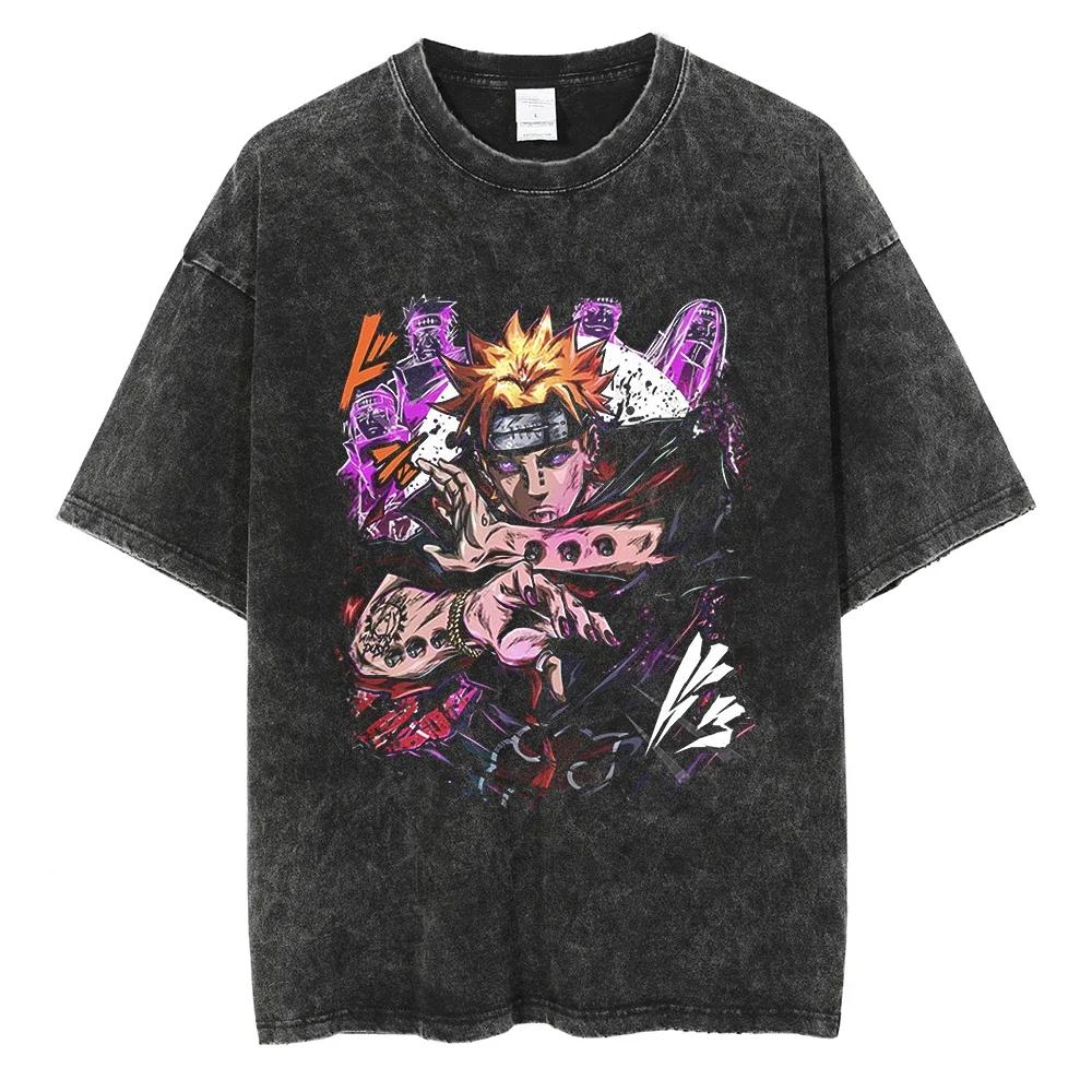 Men Streetwear Tshirt Japanese Anime Naruto Graphic TShirt Cotton Harajuku Washed T Shirt Summer Hip Hop Tops Tees Black