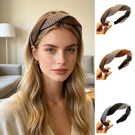 Women Headband Anti-Slip Teeth Plaid Twist Design Soft Fabric Hair Hoop Wide-Brimmed Long Wear Hair Accessory