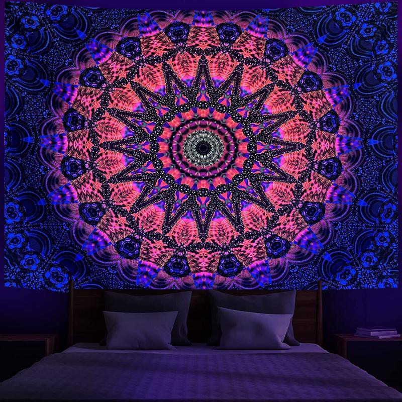 VIKAMA Fluorescent Mandala Tapestry with Neon Bohemian Patterns for Bedroom Living Room Decor Aesthetic Wall Art