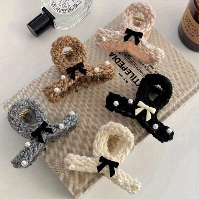 Elegante handgemachte Strickgarn-Bögen Haarklammern Damen Haarschmuck Koreanische mittelgroße Perlenspange Herbst Winter Kopfbedeckung