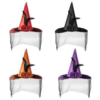 Trend Teen Witch Hat with Black Veil Applique Fashion Adult Teen Flower Witch Hat Halloween Carnivals Cosplay Hat