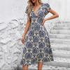 Summer New V-neck Slim Dress, European and American V-neck Short-sleeved High-waisted A-word Medium and Long Vacation Dress