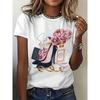 Chic 3D Pink Rose & Black High Heel Print T-Shirt for Women - Casual Short Sleeve Crew Neck Top Breathable