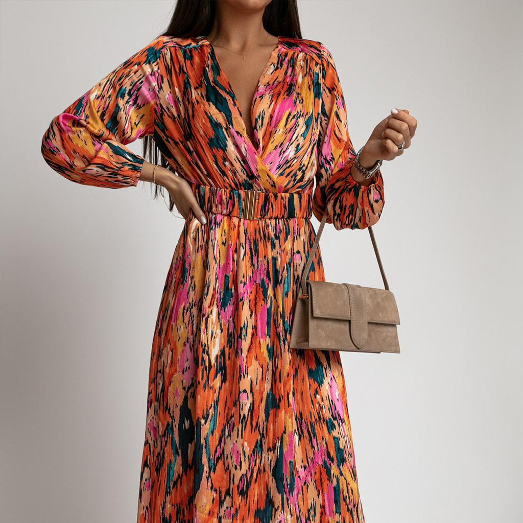 Women Fashion Casual Long Dress Sexy Dress V-neck Dress