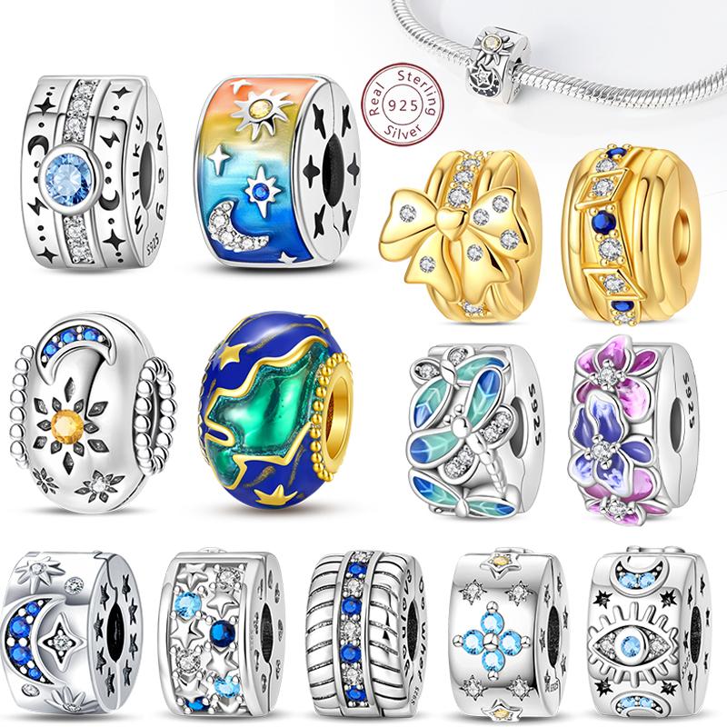 Genuine copper Colorful Stopper Clip Star Shape Bowknot Bead Charms Spring Compatible With Pandora Authentic Bracelets Fine Jewellery Gift Women Diy