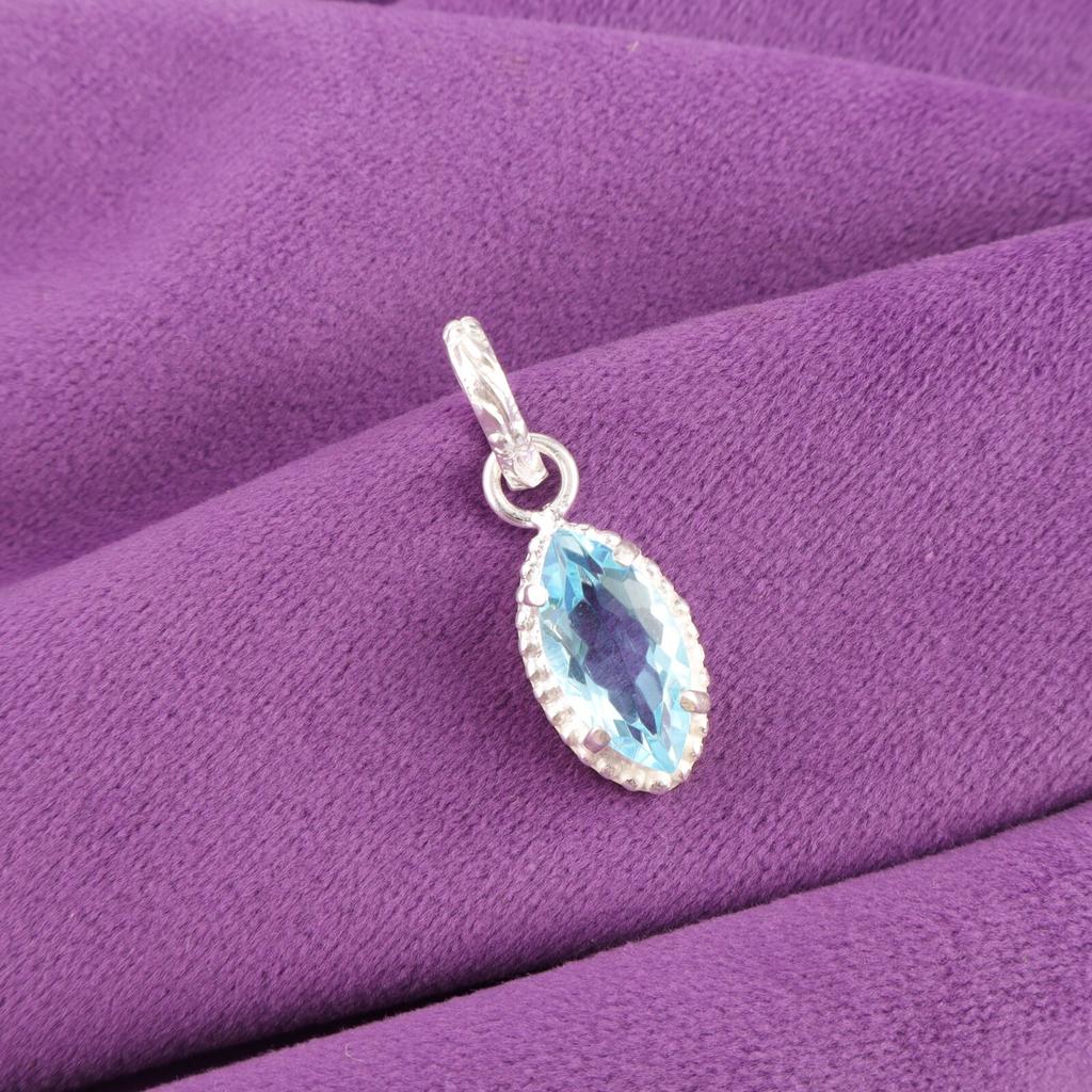 Natural Sky Blue Topaz 925 Sterling Silver Handcrafted Wedding Pendant Jewelry PP-59-2
