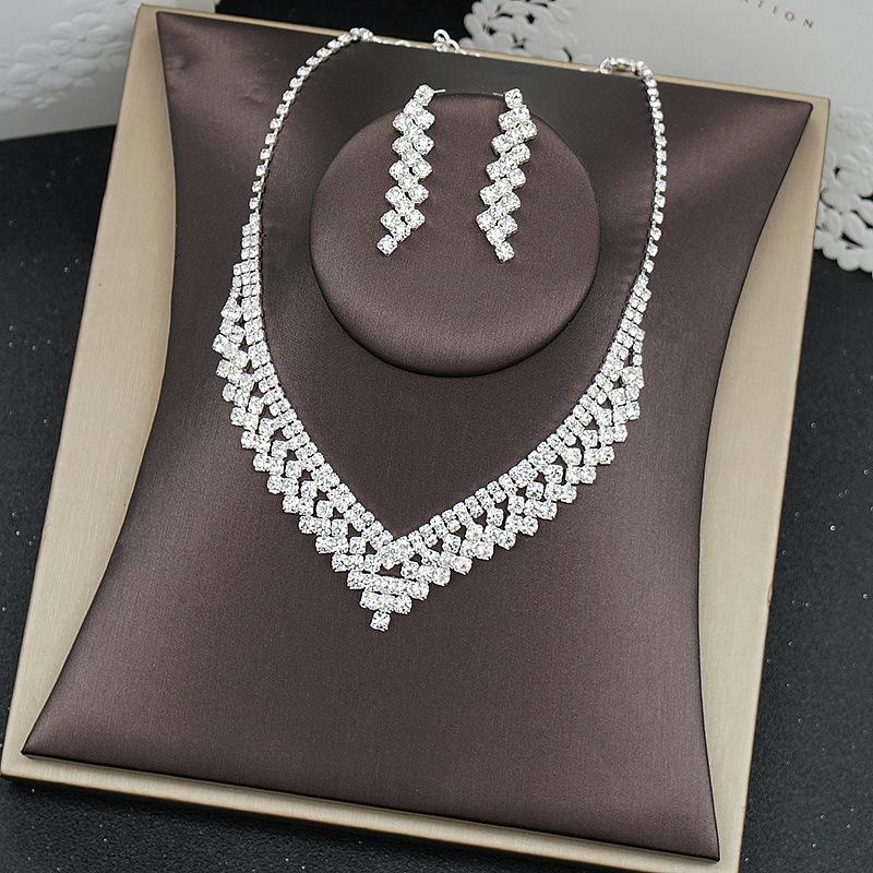 V-Shaped Luxury Diamond Clavicle Necklace Earrings Set Wedding Party Dress Bling Jewelry Accessory for Girls