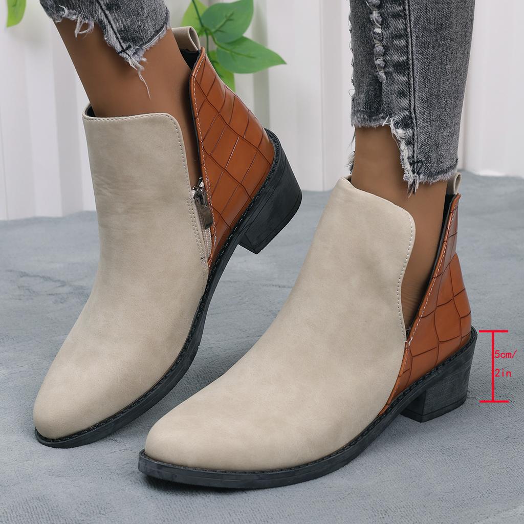 2026 New Women Women'S Fashionable and Casual Low Cut Pointed Toe Chunky Heel Zipper Short Ankle Women Boots Casual
