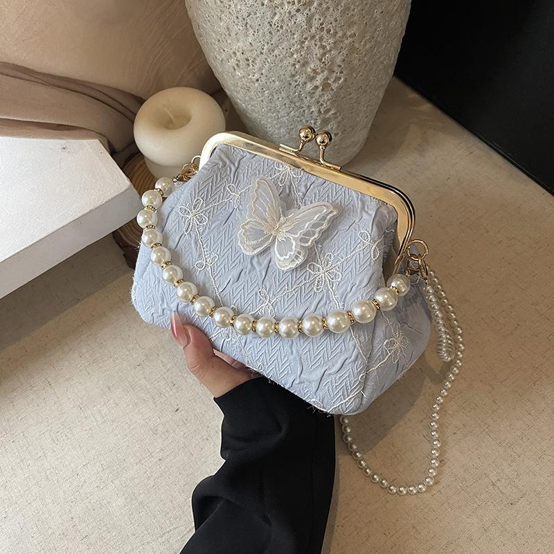 Embroidery Small Bag Women's Summer New Fashion Pearl Chain Mouth Gold Bag Versatile Messenger Bag