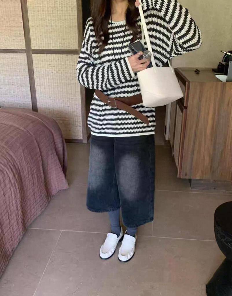 Vintage Striped Hollow-Out Long Sleeve Knitwear for Women - 2025 Autumn Loose Lazy Style Trendy Top