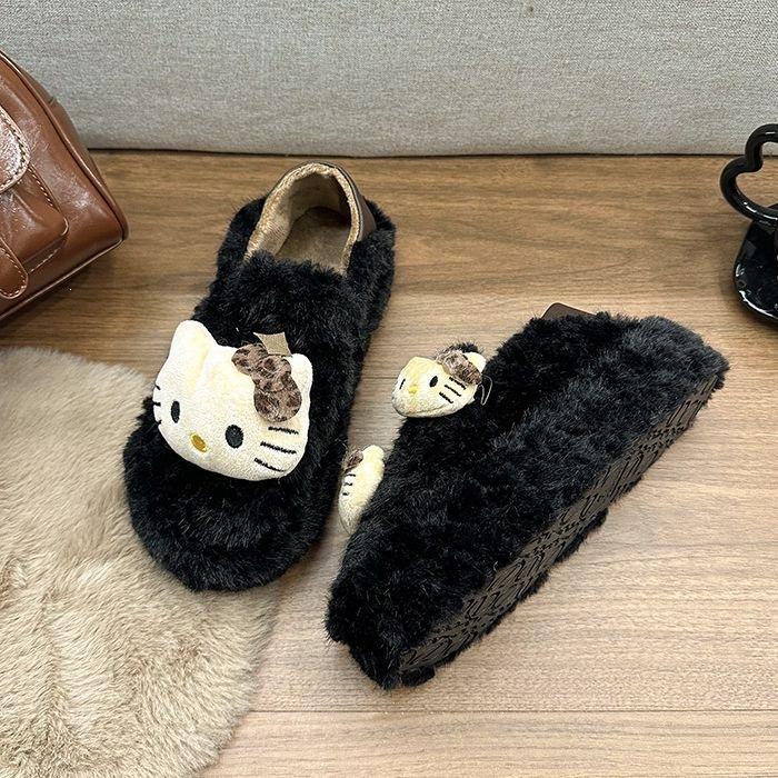New fashionable and cute cartoon KT cat platform bag heel fluffy shoes women's versatile velvet warm snow cotton shoes