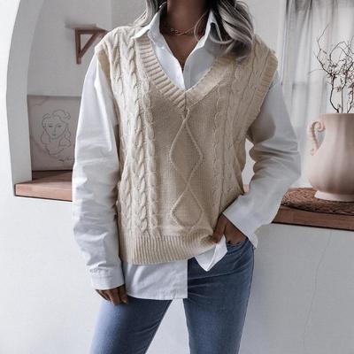 Women's Autumn and Winter V-Neck Twist Casual Loose Knit Sweater Vest