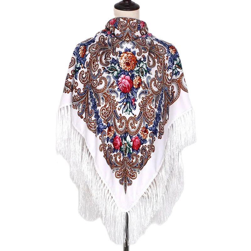 130*130cm Russian National Scarf Women Luxury Floral Bandana Fringed Ukrainian Shawl Big Size Handkerchief Babushka Head Wraps