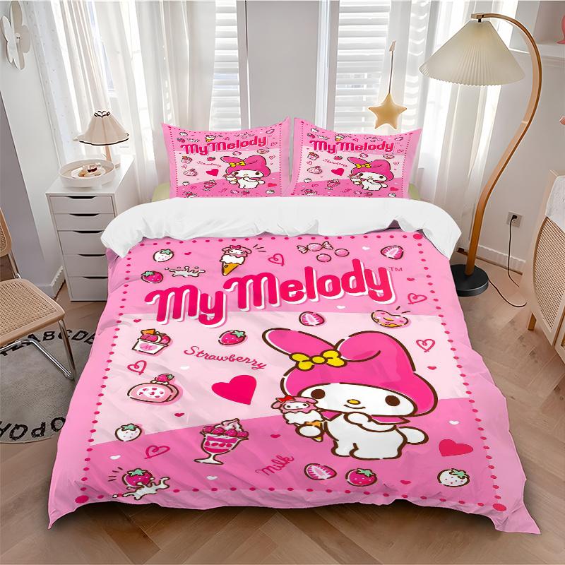 3pcs My Melody Quilt Set Cartoon Themed Bed Quilt Set Lovely Character Bedroom Decor Bed Quilt Set Four Seasons (1 Cover + 2Pillowcase NO Comfort