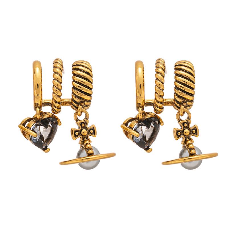 Vintage Zircon Heart Saturn Silver Earrings: Stylish, High-End European and American Design for Women.