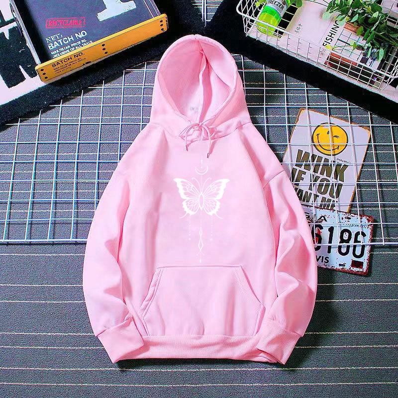 Ladies Spring Autumn Casual Sports Hooded Long Sleeve Big Pocket Butterfly Printed Pullover Hoodies Sweatshirt Top