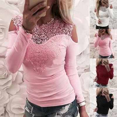 Skin-touch Casual Blouse Sweet Lightweight Long Sleeve Hollow Off Shoulder Pullover Top