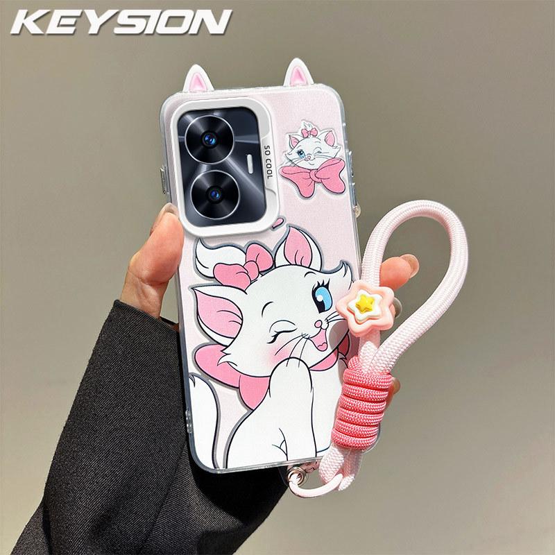

KEYSION Милий мультяшний чохол з вушками для Realme C55 з ремінцем, м який силікон+ПК, ударостійка задня кришка для телефону OPPO Realme C55 for Realme C55