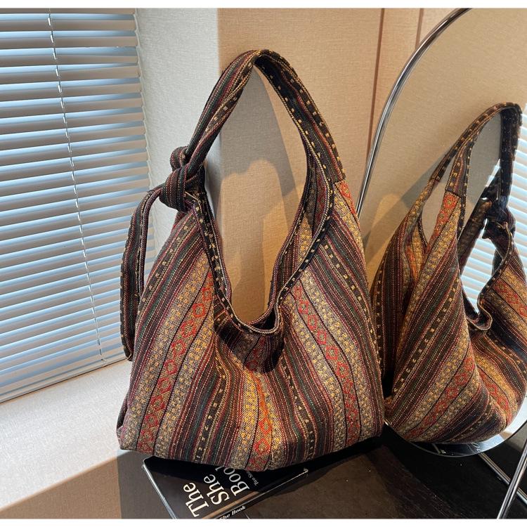 Retro Striped Canvas Shoulder Bag - Large Capacity, Women's Fashion Crossbody