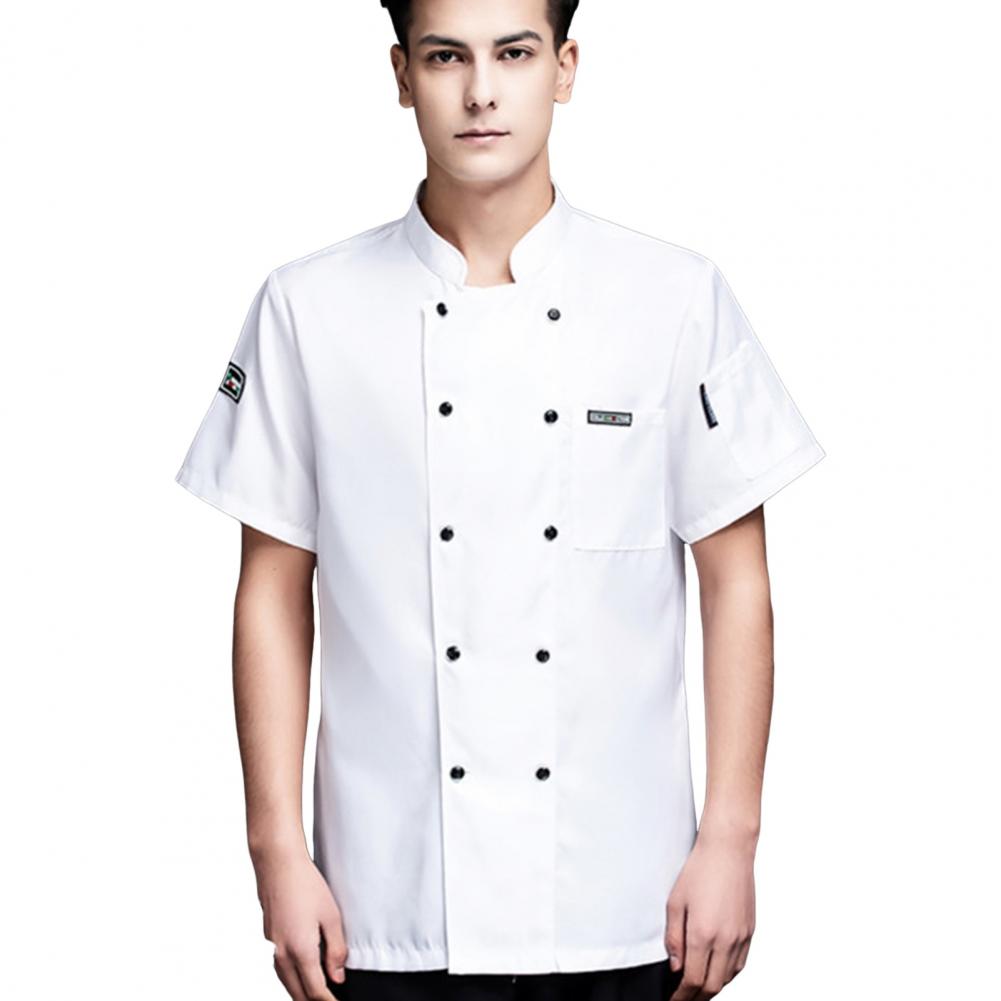 Unisex Chef Shirt Kitchen Double-breasted Short Sleeve Stand Collar Soft Chest Pocket Breathable Stain-resistant Loose Kitchen B