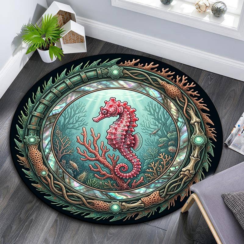Oceanic Seahorse Emblem Round Area Rug Under Office Chairs Bedroom Living Room Home Decor