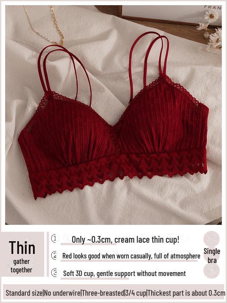 Women's Sexy Lace Red Bra Set - No Steel Ring, Side-Collecting Design