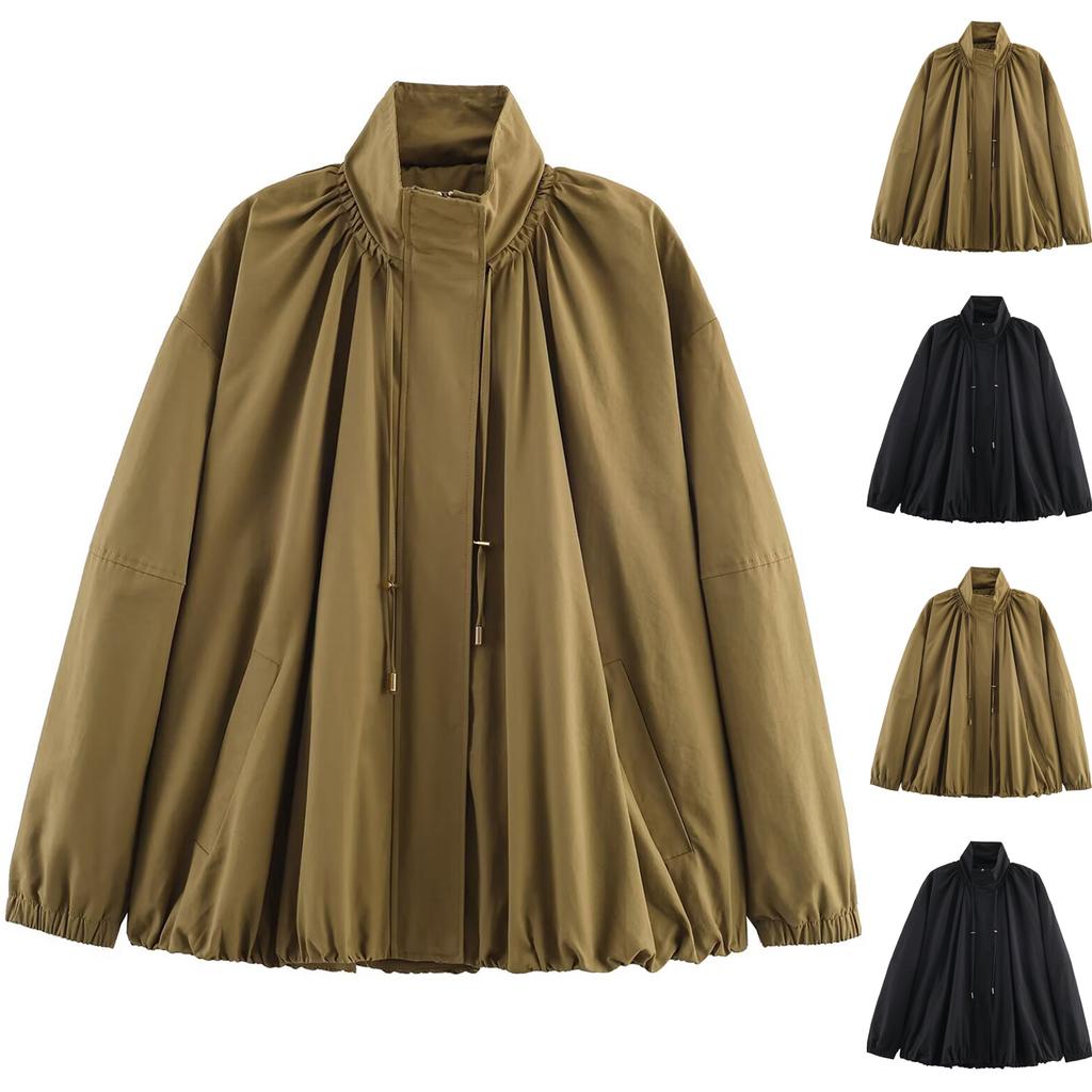 Women's Faux Suede Button Jacket Oversized Gathered Hem Short Length Coat Casual Vintage Outerwear With Pockets