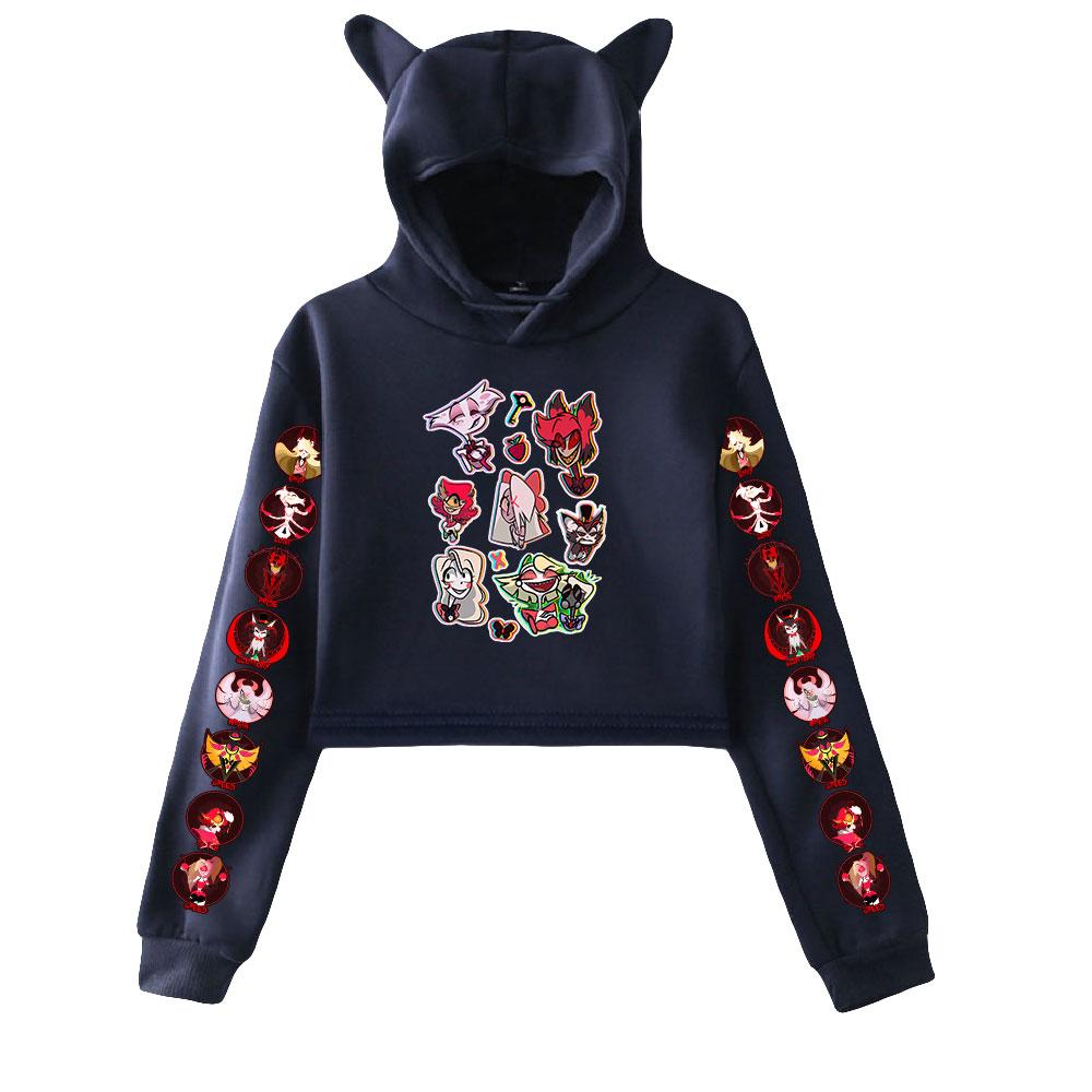 Spring Autumn Cropped Sweatshirts Women Casual Hazbin Hotel Print Long Sleeve Hoodies Pullover Shirt Hooded Sweatshirt Tops